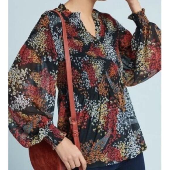 Anthropologie Akemi + Kin Andrea Smocked Floral Blouse Top, Puff Sleeves Small - Picture 1 of 14